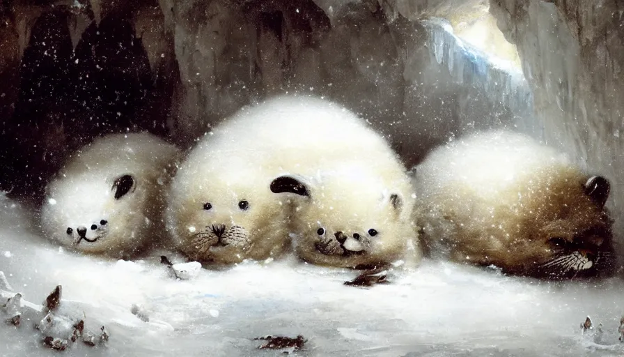 Image similar to highly detailed painting of cute furry white baby seals cuddled up inside snowy fantasy ice crystal cavern by william turner, by greg rutkowski, by william constable, thick brush strokes and visible paint layers, 4 k resolution