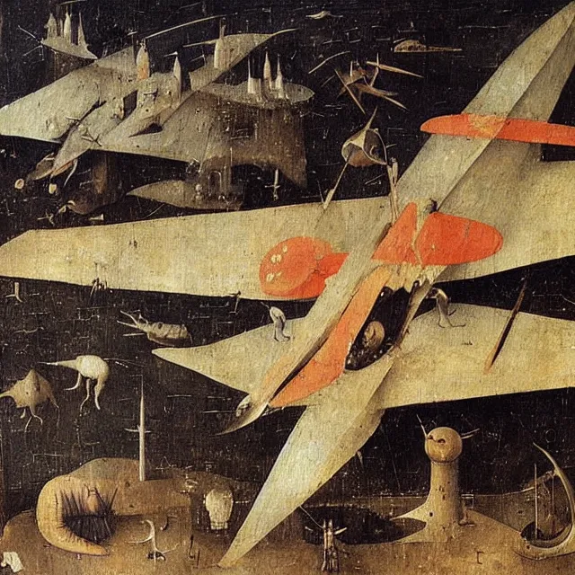 Prompt: a painting from 1 4 9 0 of a jet airplane by hieronymus bosch