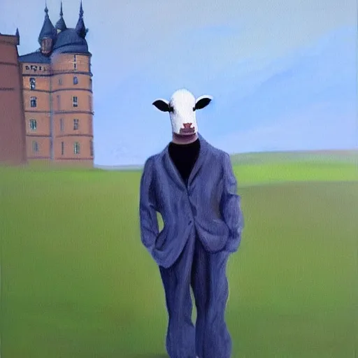 Image similar to painting by larsson, cow, dressed, anthropomorphic!!, wearing!!! clothes!!!, standing next to royal castle!!!