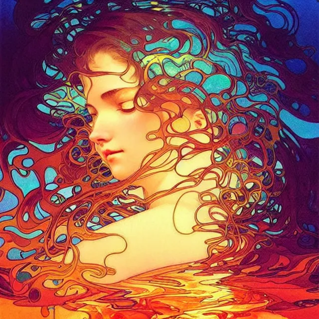 Image similar to mind bending ocean waves of glossy liquid psychedelic honey drops flowing like psychedelic translucent amber, lsd waves, lsd ripples, backlit, sunset, refracted lighting, art by collier, albert aublet, krenz cushart, artem demura, alphonse mucha