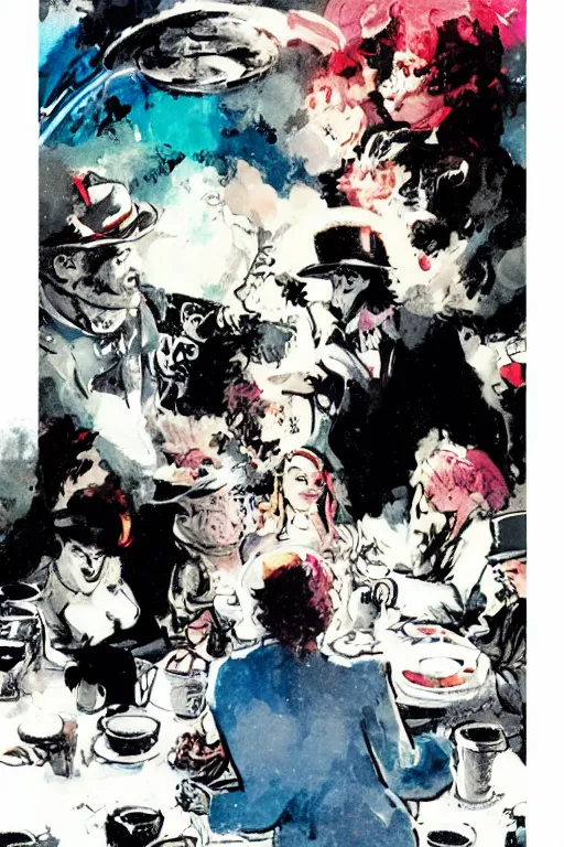 Prompt: a tea party in the clouds, graphic novel, high contrast, by bill sienkiewicz