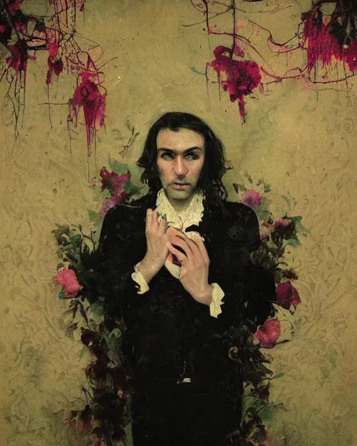 Image similar to a beautiful and eerie baroque painting of a beautiful but serious man in layers of fear, with haunted eyes and dark hair, 1 9 7 0 s, seventies, floral wallpaper, wilted flowers, a little blood, morning light showing injuries, delicate embellishments, painterly, offset printing technique, by robert henri, walter popp, alan lee