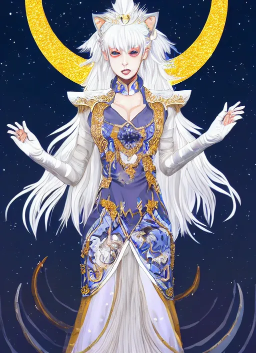 Image similar to commissioned full body portrait of a female anthro werewolf princess fursona with white hair wearing a white and gold Chinese armored dress in a white and gold palace on a starry night with a large crescent moon, by a professional manga illustrator, Stanley Artgerm Lau, WLOP, Rossdraws, James Jean, Andrei Riabovitchev, Marc Simonetti, and Sakimichan, trending on artstation