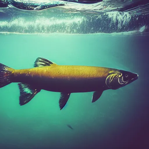 Prompt: photograph of a live salmon wearing a cowboy hat, underwater photograph, clear image, 4 k resolution, award winning, nature documentary