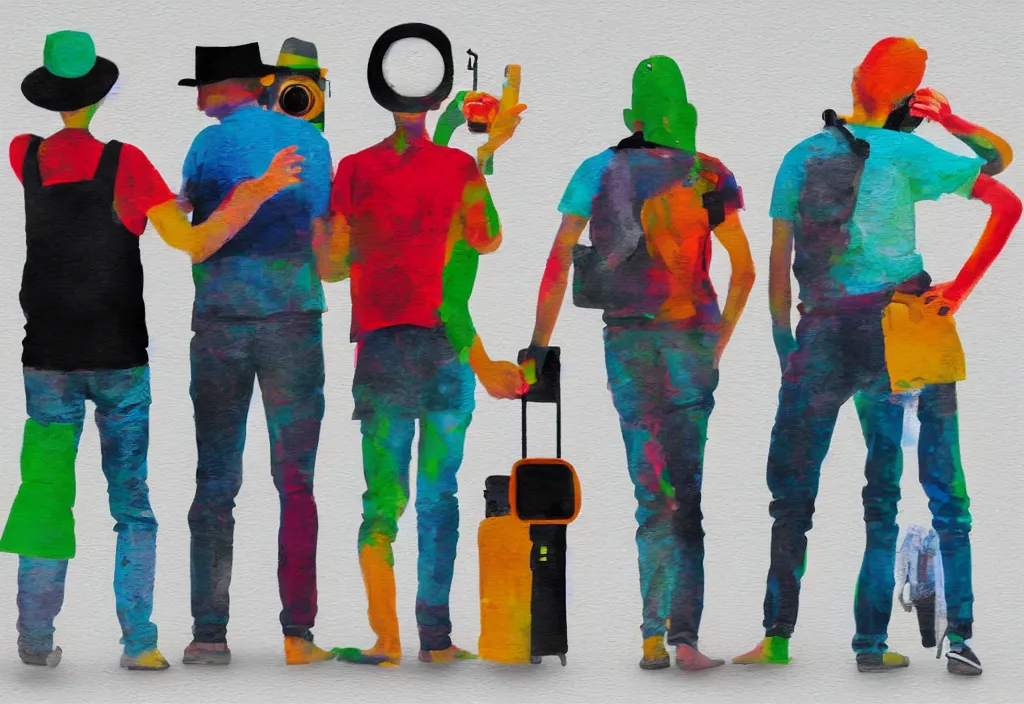 Image similar to full body portrait of a trio of european tourists with nikon cameras, rear views, character designs painting, in the style of wes anderson, rene magritte, lola dupre, david hockney, isolated on white background, dark monochrome neon spraypaint accents volumetric octane render