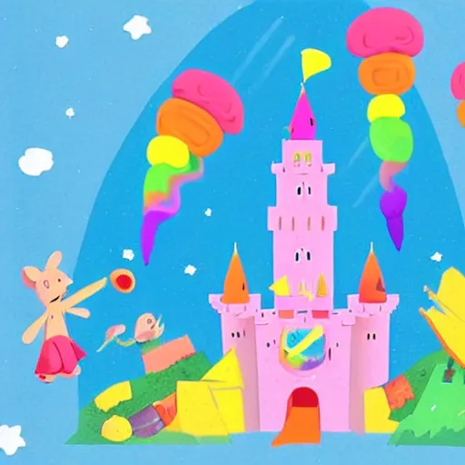 Image similar to small bird with a human head holding a piece of heavy cheese housing a mouse vomiting a rainbow, a big pink fluffy castle with slime canons in the background. small pilot princesses flying in space brownies attacking the fluffy castle