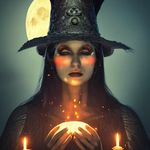 Prompt: portrait of wicked moon witch, beautiful, attractive, glowing, jaw dropping, magical, dynamic lighting, dark, menacing, 4 k, octane render, age 2 0, background moon, intricate and ornate