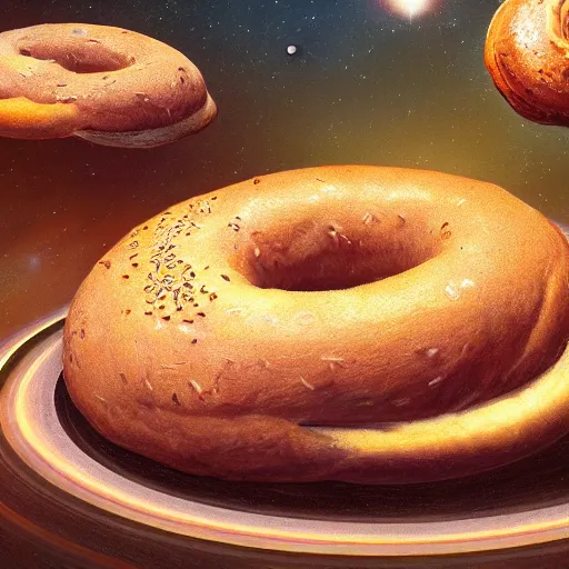 Image similar to all of the planets revolving around a giant Bagel, beautiful, oil on canvas, intricate, 8k highly professionally detailed, HDR, CGsociety