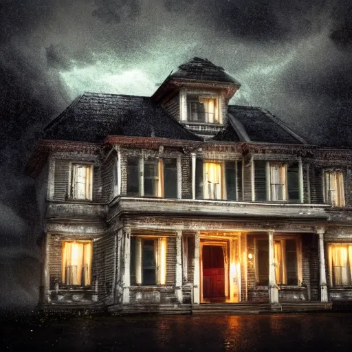 Image similar to a real photo of a horror mansion, in a lighting storm, portrait, 4 k, 8 0 mm, higly detailed, cinematic,
