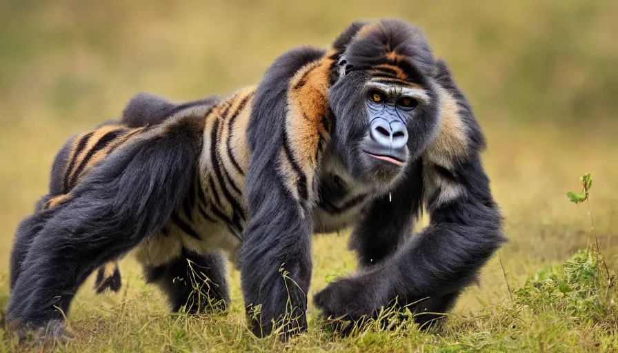 Image similar to a tiger gorilla!!! hybrid! hyper realistic!! realistic lighting!! wildlife photographer of the year!!! bold natural colors, national geographic, hd, wide angle, 8 k