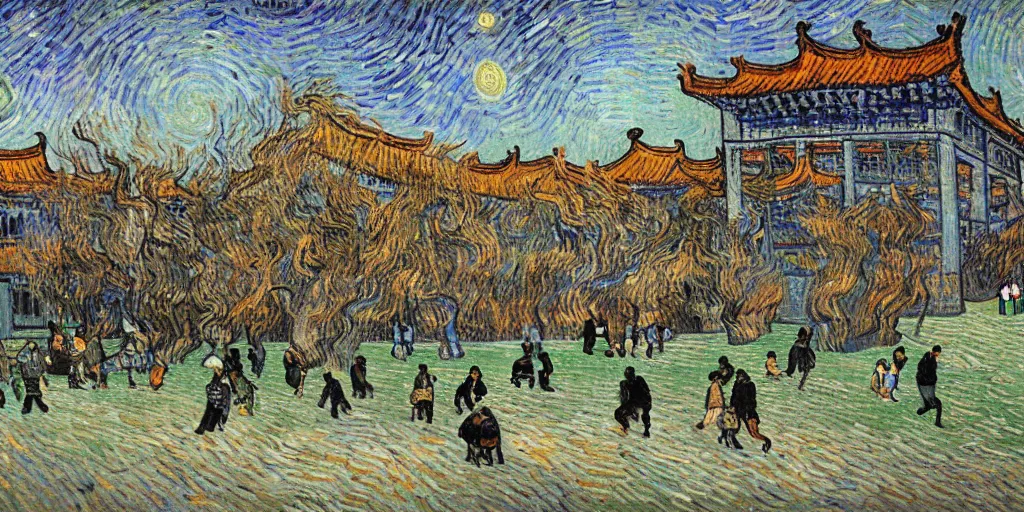 Prompt: tsinghua university is beating up peking university ， by vincent van gogh