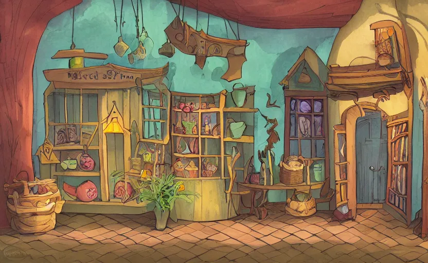 Prompt: witch's shop, storybook, gouache, flat, concept art, lush