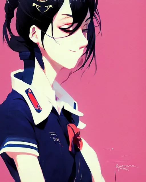 Image similar to a ultradetailed beautiful panting of a stylish woman wearing a sailor uniform, she has black hair, by conrad roset, greg rutkowski and makoto shinkai, trending on artstation