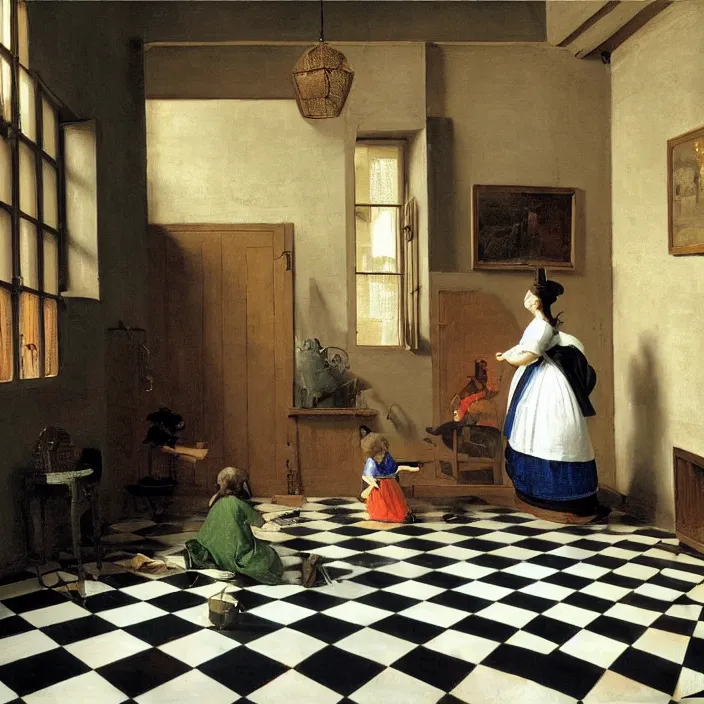 Image similar to colored painting, pieter de hooch, trending on artstation, highly detailed, black and white checkerboard floor in the middle of the rainforest, intricate, elegant