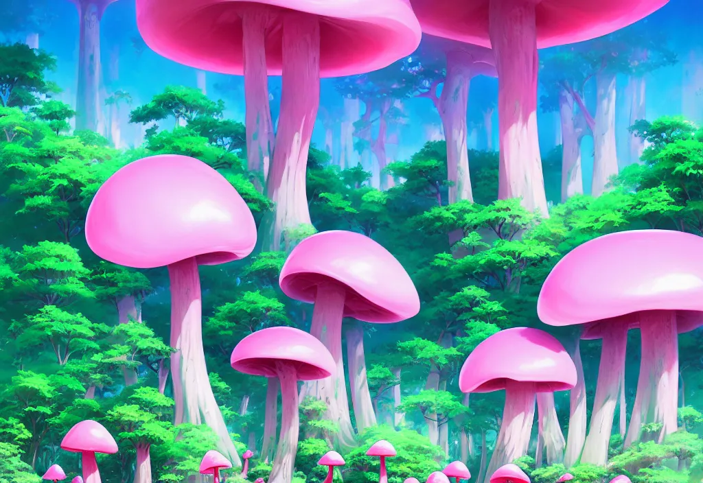 Image similar to futuristic giant pink mushrooms in a forest, intricate oil painting, high detail illustration, sharp high detail, manga and anime 1 9 9 9, official fanart behance hd artstation by jesper ejsing and makoto shinkai, 4 k,