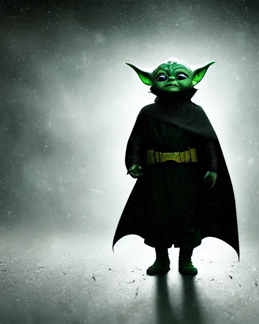Image similar to epic closeup cinematic still of baby yoda wearing batman costume as batman in atmospheric rainy alleyway in the style of batman the dark knight rises, 8 k backlit, dramatic moonlight lighting, beautiful composition