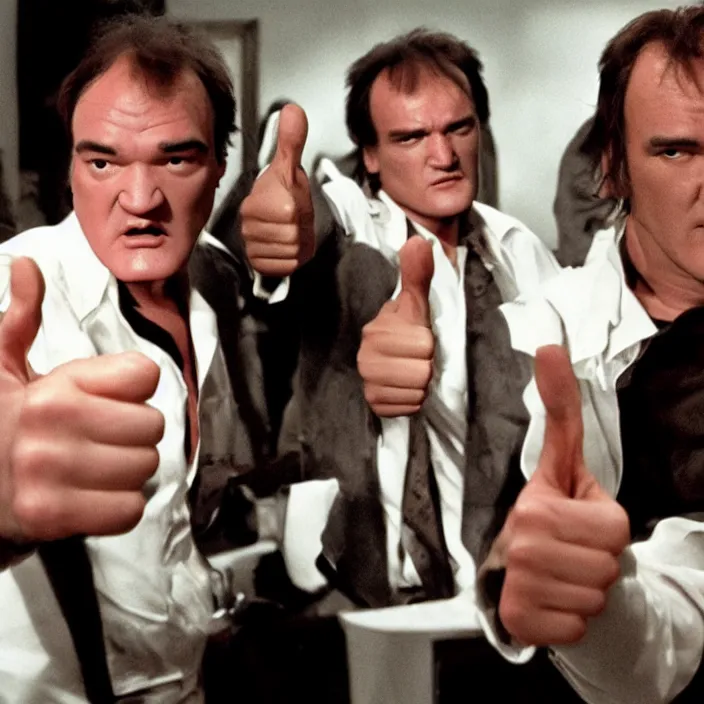 Image similar to quentin tarantino seal of approval, giving thumbs up. white background.