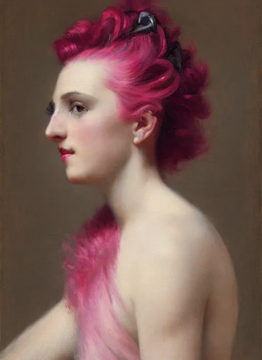 Prompt: a detailed portrait of woman with a mohawk by edouard bisson, year 1 9 5 0, pink hair, punk rock, oil painting, muted colours, soft lighting