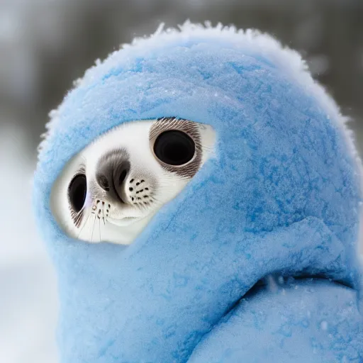 Prompt: photorealistic hd white fluffy baby harpy seal wearing a light blue winter hat, snowy, cold, arctic tundra, adorable