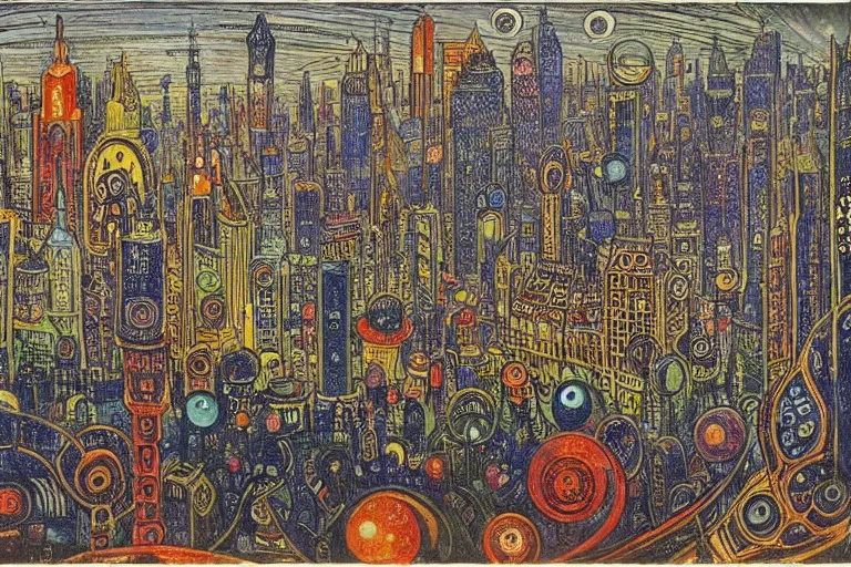 Prompt: victorian scifi cityscape by Louis Wain (1920)