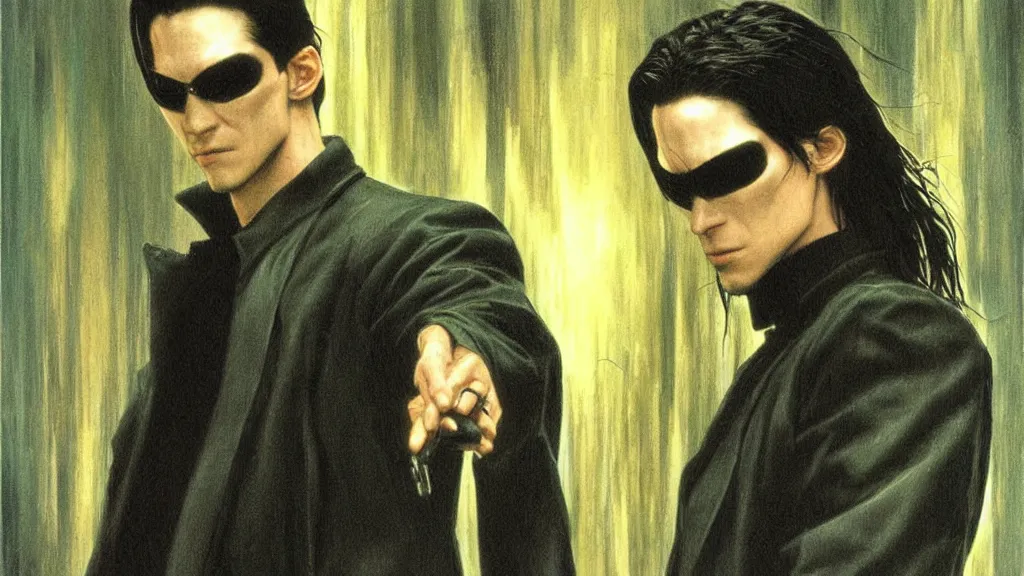 Image similar to an oil painting in the style of alan lee depicting neo from the movie the matrix ( 1 9 9 9 )