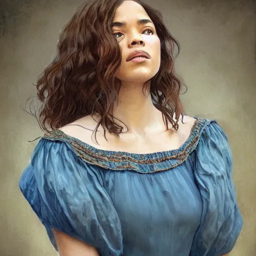 Prompt: full figure ultra realistic illustration, tessa thompson wearing a maiden blue dress, brown flowy hair, old west, intricate, elegant, highly detailed, digital painting, artstation, concept art, smooth, sharp focus, illustration, art by artgerm and greg rutkowski and alphonse mucha