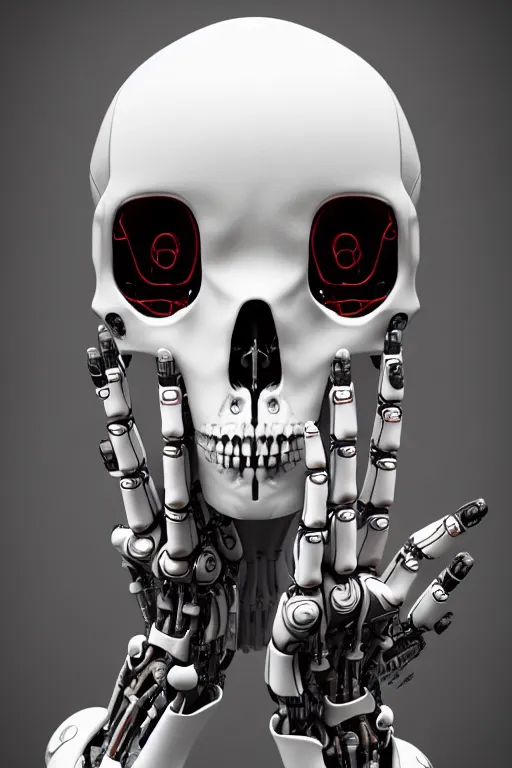 Image similar to a robot holding a human skull on its hand, perfect symmetrical body, full body shot, inflateble shapes, wires, tubes, veins, white biomechanical, wearing epic bionic cybor implants, masterpiece, intricate, biopunk vogue, highly detailed, artstation, concept art, cyberpunk, octane render