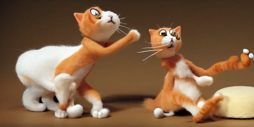 Image similar to a cat dancing on its hind legs, on top of a round ball of Swiss cheese, while playing the fiddle with its paws, in the style of claymation