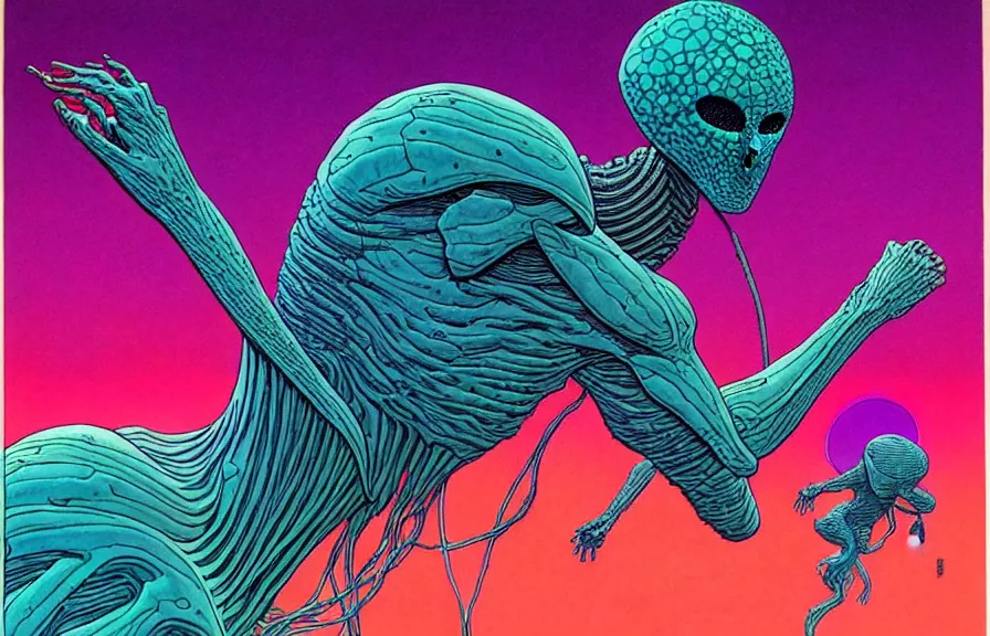 Image similar to ( ( ( ( a humanoid creature from another planet. ) ) ) ) by mœbius!!!!!!!!!!!!!!!!!!!!!!!!!!!, overdetailed art, colorful, artistic record jacket design