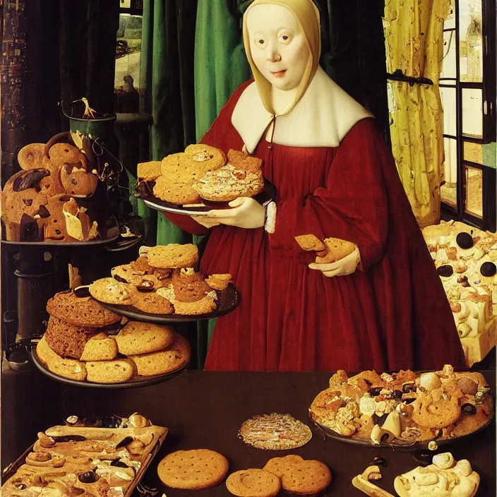 Prompt: a woman drowning in cakes and cookies, by Jan van Eyck