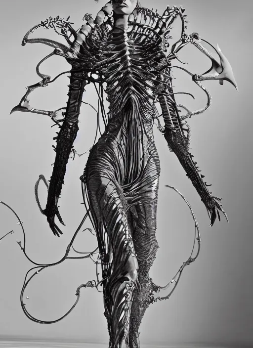 Prompt: walking down the catwalk, ben watts, show, stage, vogue photo, podium, fashion show photo, historical baroque dress dark, iris van herpen, beautiful woman, masterpiece, intricate, biopunk, vogue, full body shot, alien, plant predator, guyver, giger, wires, tubes, veins, jellyfish, white biomechanical details, highly detailed