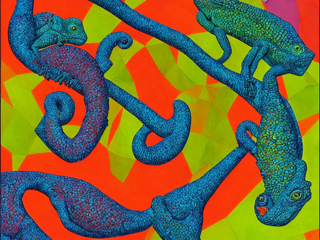 Image similar to chameleon, high detail, highly abstract, vivid colors, a little bit touch of M. C. Escher