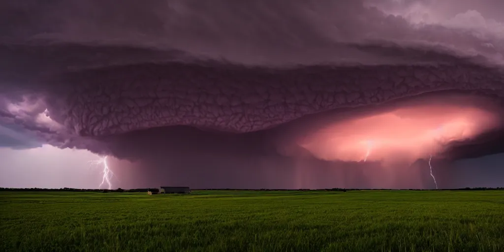Image similar to a supercell storm dark and brooding far away in the distance, open farming fields the foreground during sunset, storm of all storms, end of the world, nature, cinematic, hyperrealistic, evil, dark, cgsociety, 8 k, by stephen king