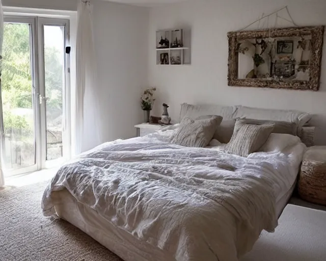 Image similar to Cosy bedroom, dimly lit by sunlight from the windows, cosy, relaxing