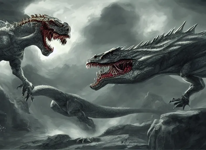 Image similar to a white dragon fighting a tyrannosaurus rex, intricately detailed, concept art