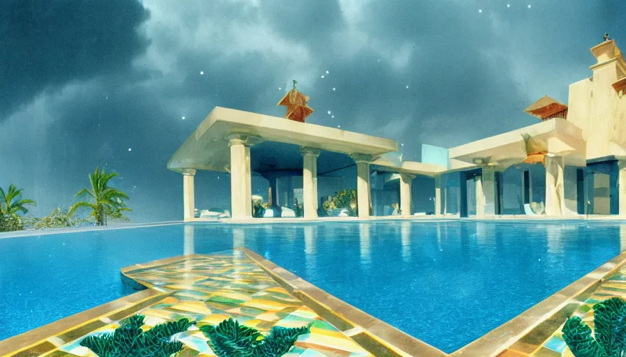 Prompt: A 1998 magazine architecture photo of a pool, mediterranean architecture, refracted color lines and sparkles, thunderstorm outside, beach and Tropical vegetation on the background major arcana sky and occult symbols, hyperrealistic 8k uhd, award-winning, 1998