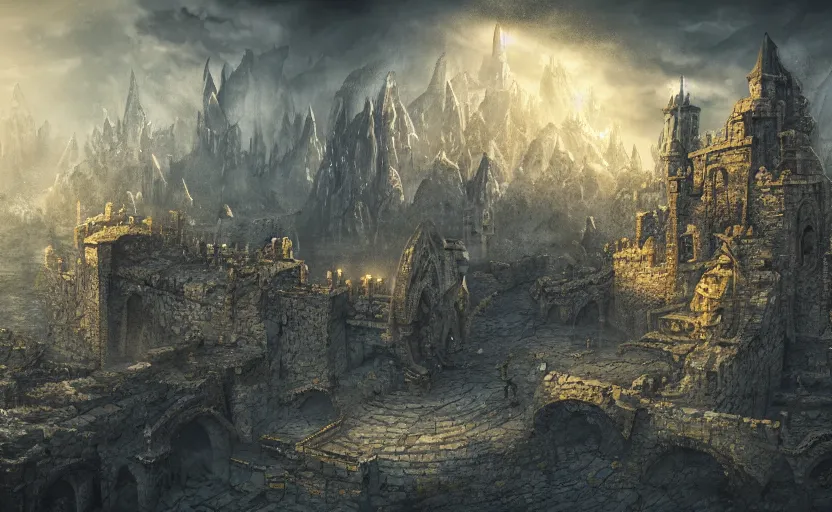 Image similar to an arcane fortress, magical and powerful, stone brick, laced with gold, landscape art, mindblowing, concept art, matte, illustration, ominous, magical, dnd, 4 k uhd, very detailed