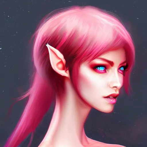 Prompt: half elf woman, beautiful, short pink hair, deep crimson eyes, digital art, smooth, character drawing, artstation, highly detailed, symmetry