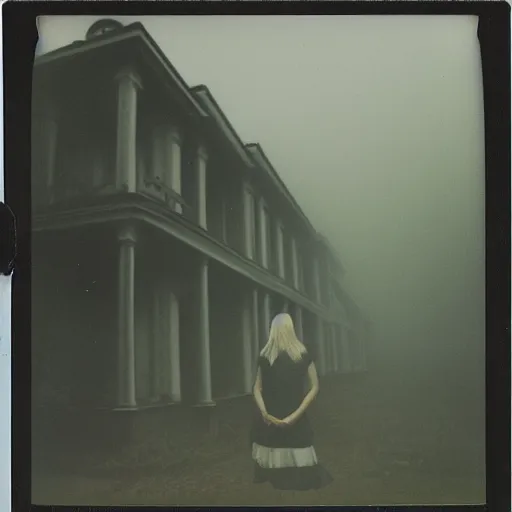 Prompt: polaroid photo of angry reptilian nun staying in front of abandoned mansion, dark, moody, foggy, gloomy