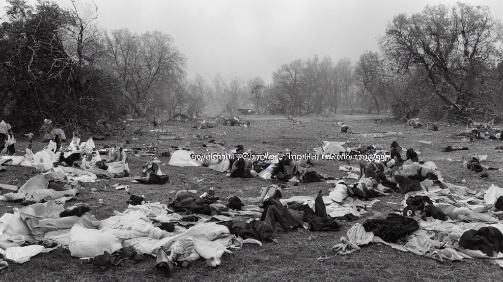 Prompt: climate change disaster, lightning, hurricane, hailstorm, gale force winds, floods, as seen by a people having picnic in a park, large-format photography, wide angle