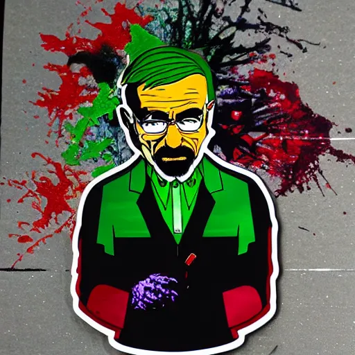 Image similar to die cut sticker, walter white wearing the joker suit, splatter paint