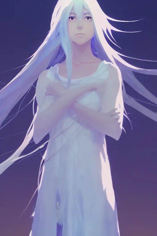 Prompt: A full body portrait of a female priestess with long silver hair by makoto shinkai and james gilleard, fantasy, very detailed, matte, gaussian blur, tone mapping