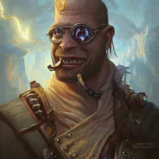 Prompt: a portrait of a steampunk half ogre half man, cinematic lightning, d & d, fantasy, highly detailed, digital painting, sharp focus, illustration, art by artgerm and greg rutkowski and magali villeneuve