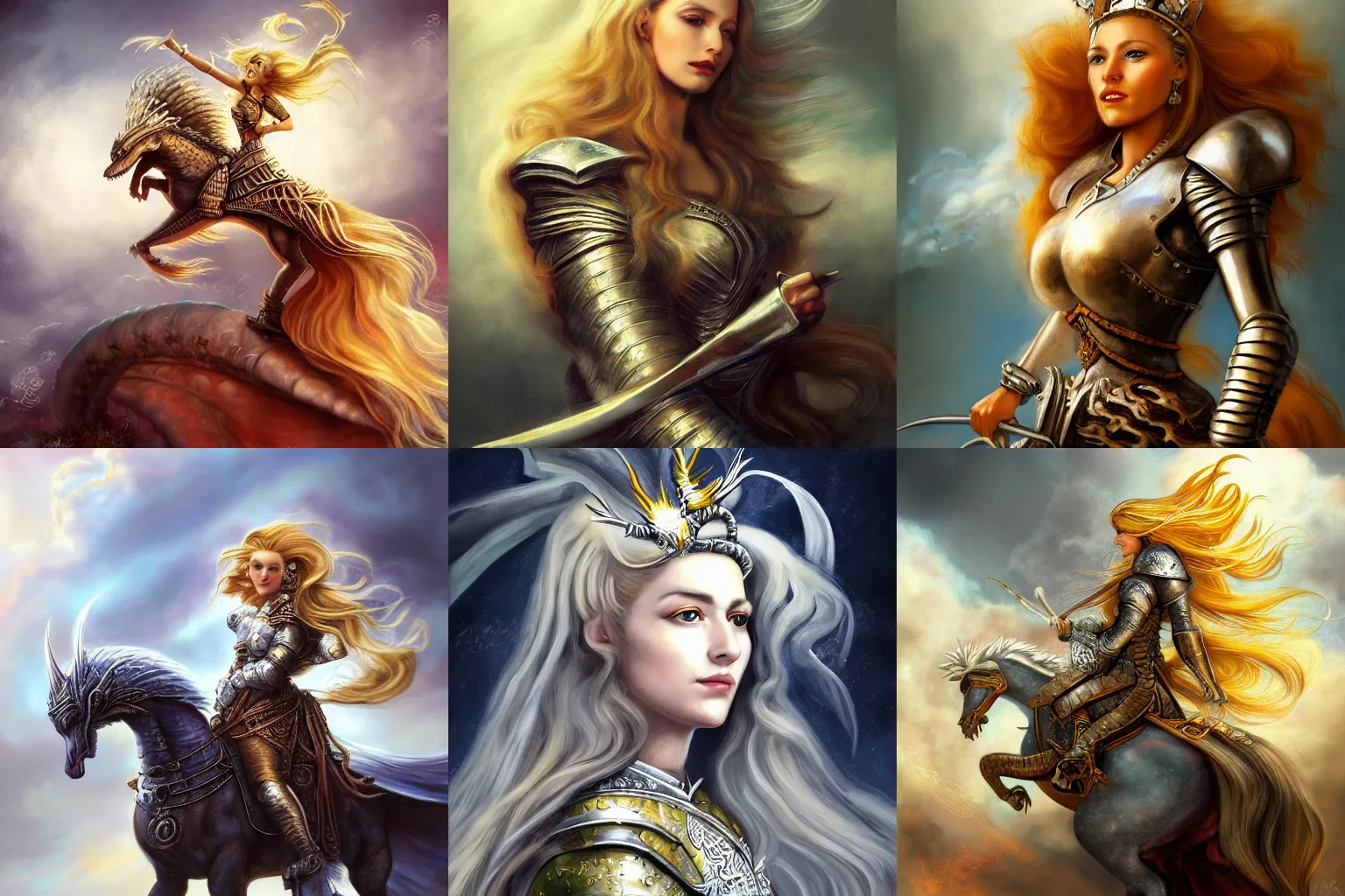 Prompt: painting of a Beautiful Queen with long blonde hair wearing silver armor riding on a mighty dragon flying through the clouds Retro vintage. Rembrandt lighting , Julie Bell style ,digital art, trending on Artstation 4k