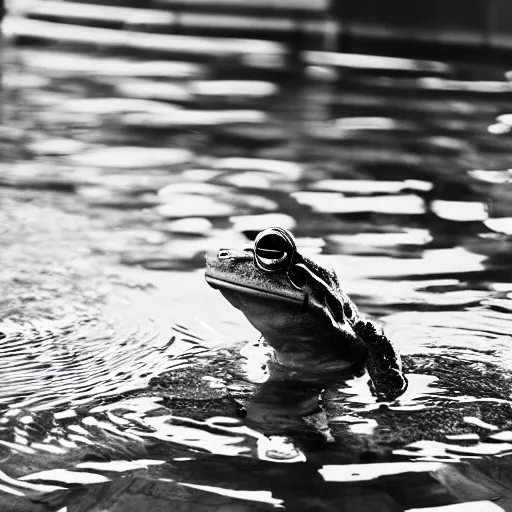 Image similar to a frog in a suit is in a pool, he is cheering, black-and-white, 50mm