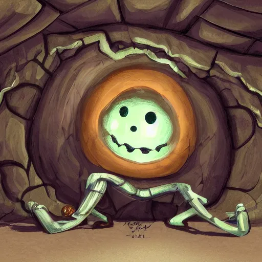 Image similar to a mimic disguised as a basketball inside of a cave gnarling it's teeth, fantasy, digital painting