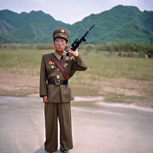 Prompt: A film photography from the 90's of a North Korean resistance rebel soldier photo by Slim Aarons, award winning, good composition, catolog