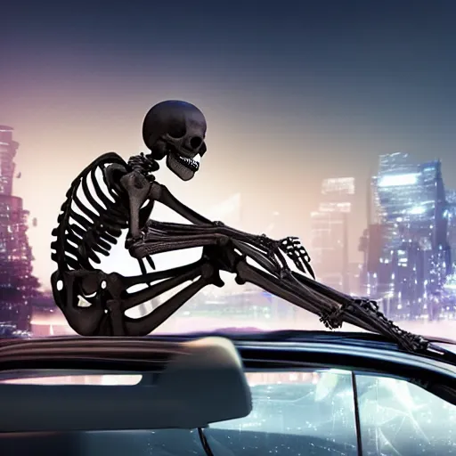 Image similar to skeleton riding a futuristic car in a futuristic city, photorealistic, 4k, high detail