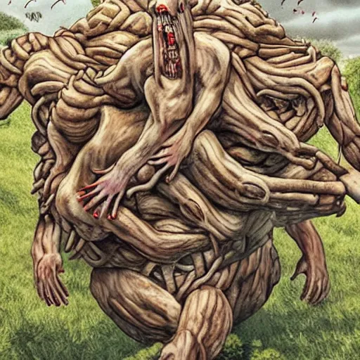 Image similar to a giant with a faceless head full of growths that are people sticking out in all directions as the giant stomps over the countryside grotesque body horror hyperreal cinematic gross uncanny anatomy