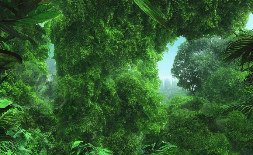 Prompt: big skyscraper levitate over the jungle, ghibli style octane render, sky in a background, huge green trees reflected in building